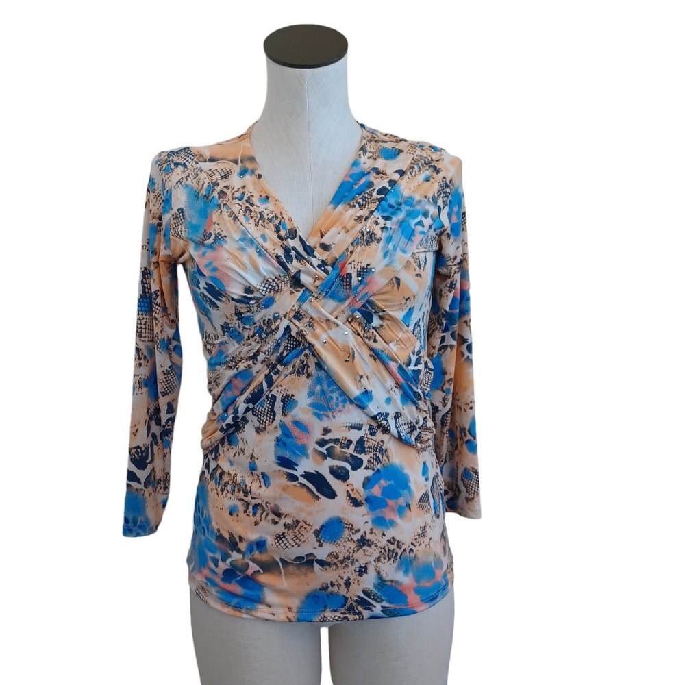 Reba Blue Peach Abstract Animal Print Rhinestone Surplice V-Neck Top 3/4 Sleeve